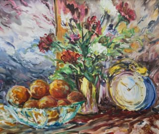 Zátiší s ovocem a hodinami